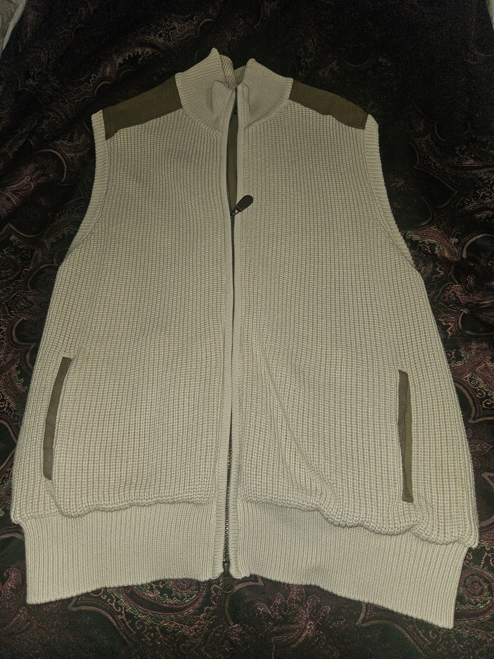 Orvis Men's Knit Zip-Up Vest in Beige with Olive Accents